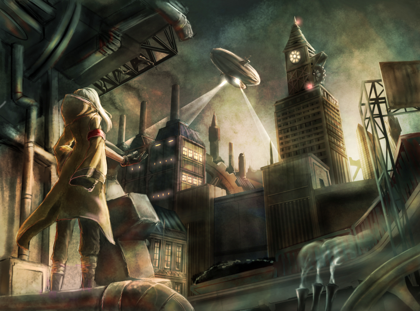 airship, building, gloves, hood, industrial, namacotan, original