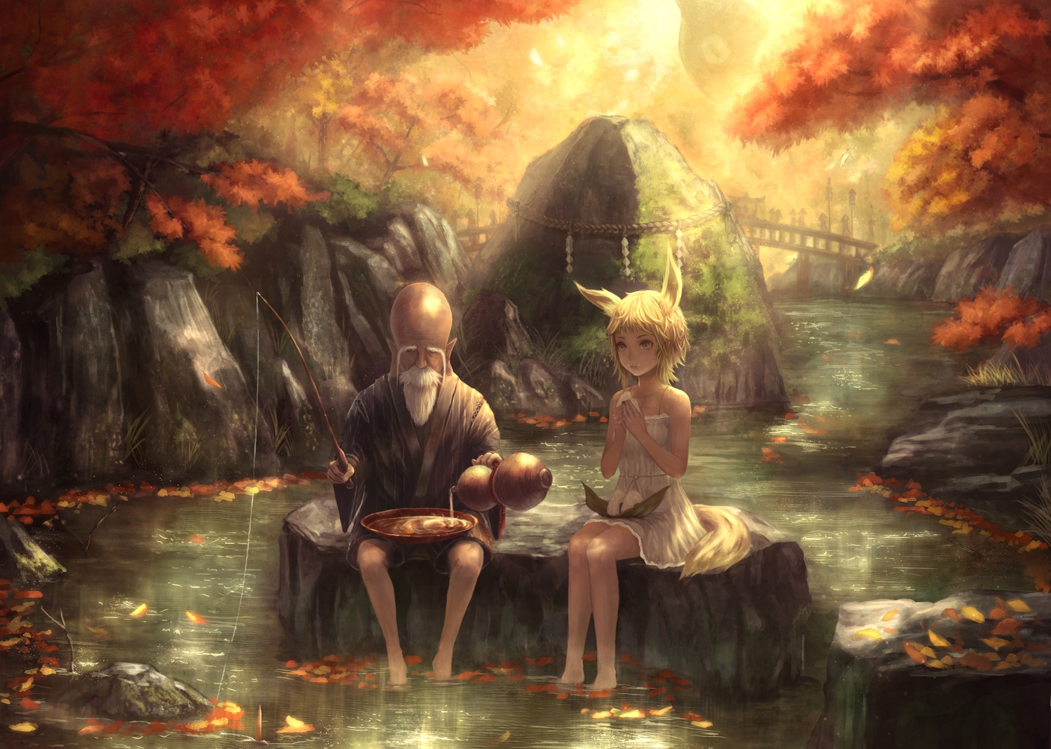 animal_ears, autumn, barefoot, blonde_hair, dress, food, forest, foxgirl, grass, leaves, male, original, rope, tail, torii, tree, water, yazuwo