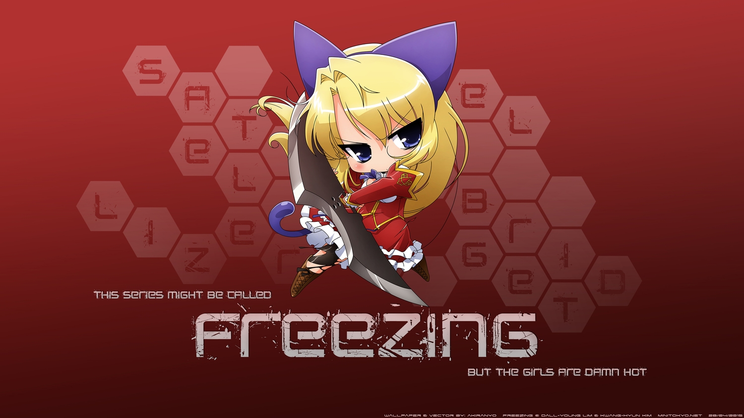 blonde_hair, blue_eyes, bridget_satellizer, chibi, freezing, gradient, vector, weapon