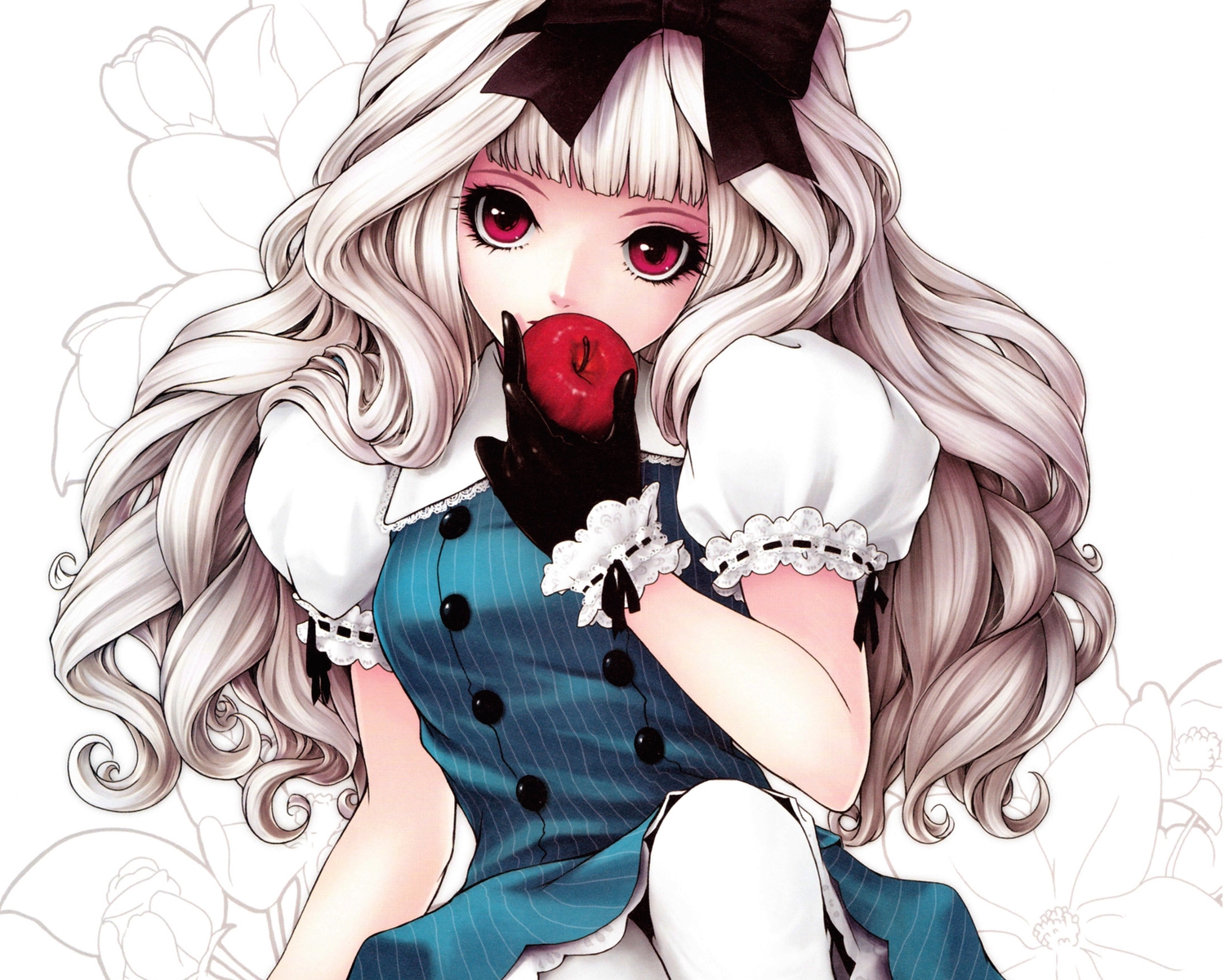 apple, close, cropped, food, fruit, gloves, goth-loli, kunishige_keiichi, lolita_fashion, long_hair, original, red_eyes, scan, white_hair