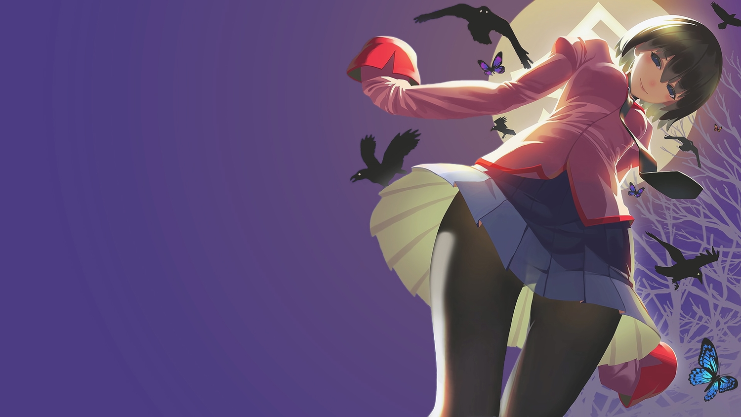 animal, bakemonogatari, bird, butterfly, madyy, monogatari_(series), oshino_ougi, pantyhose, purple, school_uniform, see_through, skirt, third-party_edit, upskirt