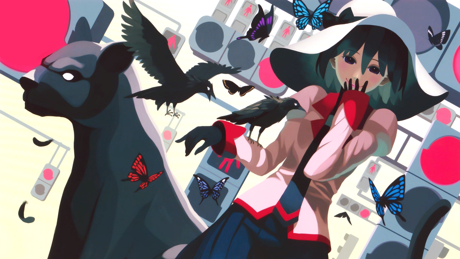 animal, bakemonogatari, bird, butterfly, cat, feathers, gloves, hat