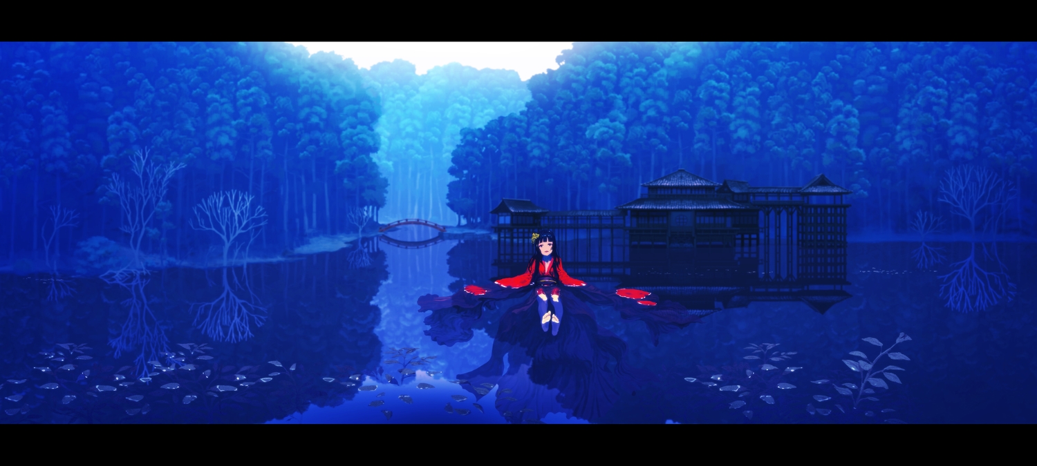 barefoot, blue, building, forest, japanese_clothes, long_hair, original, polychromatic