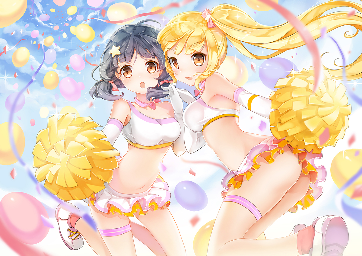 2girls, ass, black_hair, blonde_hair, breasts, brown_eyes, cheerleader, choker, long_hair, original, ponytail, sibyl, skirt
