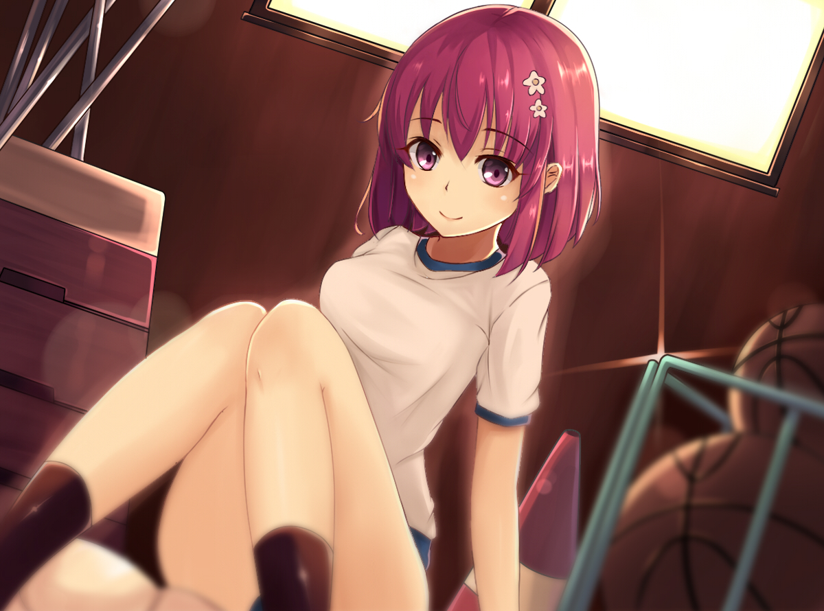 ball, basketball, bloomers, gym_uniform, lemon_tea, momo_velia_deviluke, purple_eyes, purple_hair, short_hair, socks, sport, to_love_ru