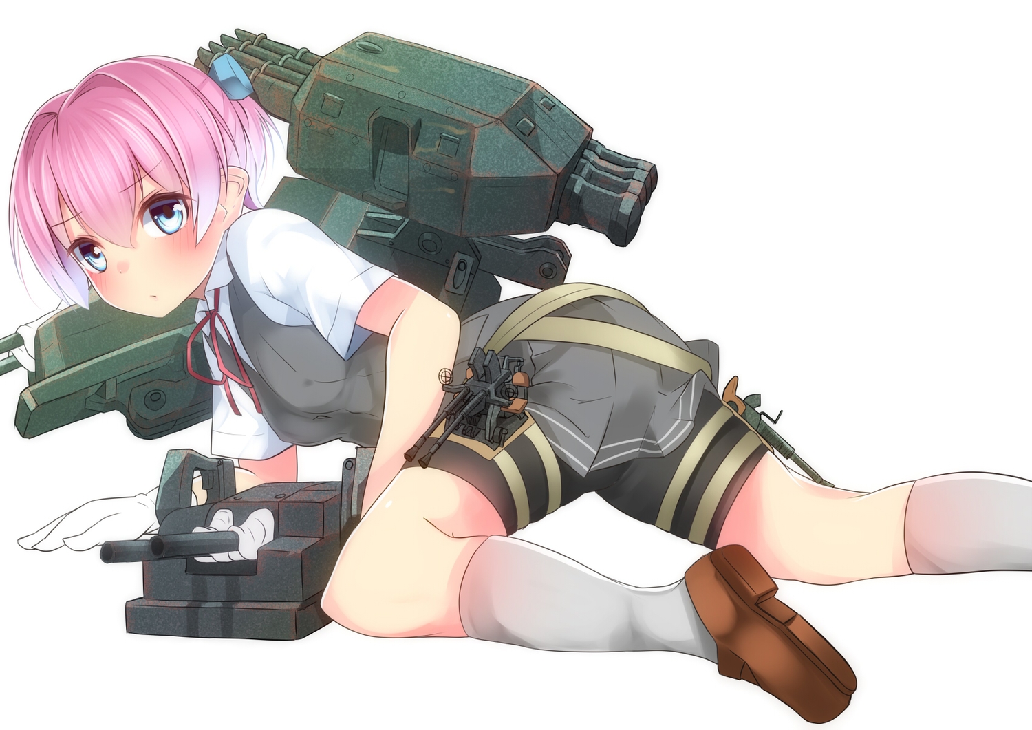 anthropomorphism, bike_shorts, blush, erect_nipples, kantai_collection, nebusoku, pink_hair, shiranui_(kancolle), shorts, white