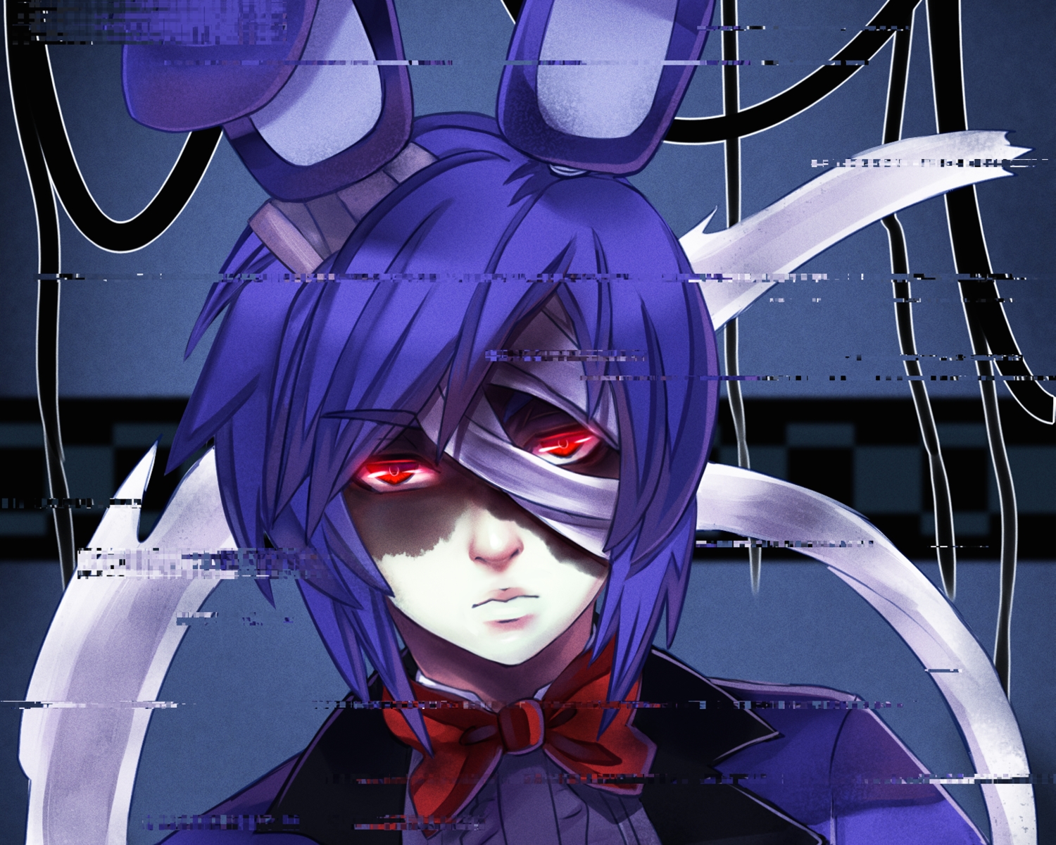 all_male, animal_ears, anthropomorphism, bonnie_(five_nights_at_freddy's), bow, close, felicia-val, five_nights_at_freddy's, male, purple_hair, red_eyes, tie, withered_bonnie