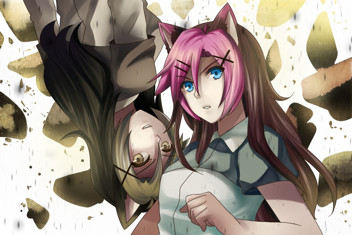 2girls, animal_ears, blue_eyes, catgirl, felicia-val, green_hair, gumi, hoshine_stella
