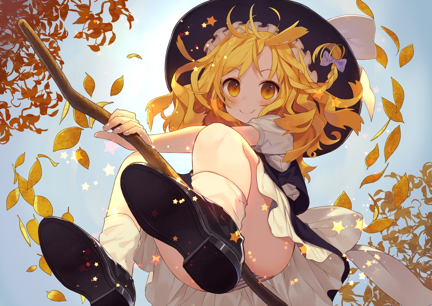 autumn, blonde_hair, hat, kirisame_marisa, leaves, long_hair, misoni_comi, panties, striped_panties, touhou, underwear, upskirt, witch, witch_hat, yellow_eyes