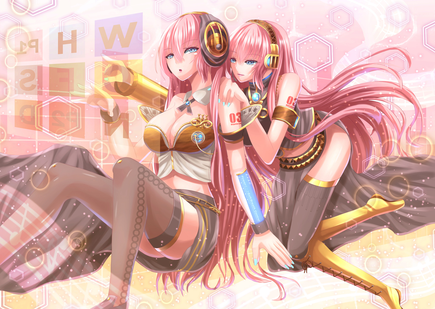 aqua_eyes, boots, breasts, cleavage, collar, fuyuki_jun, headphones, long_hair, megurine_luka, pink_hair, thighhighs, vocaloid