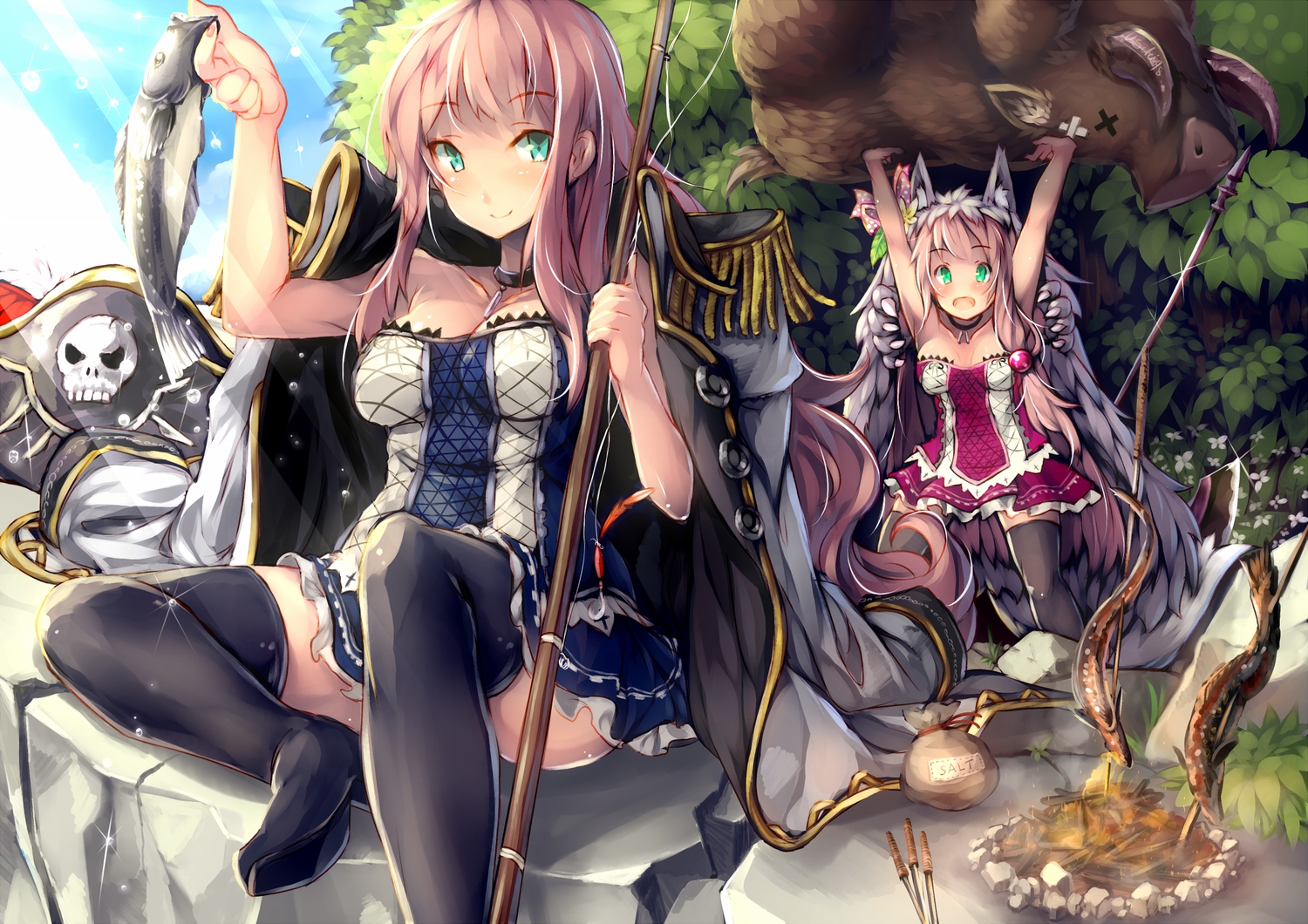2girls, aneria, animal, aqua_eyes, boots, breasts, choker, cleavage, fish, food, green_eyes, hat, headdress, imeria, long_hair, necklace, pink_hair, sennen_sensou_aigis, thighhighs, usuki_(graygreed)