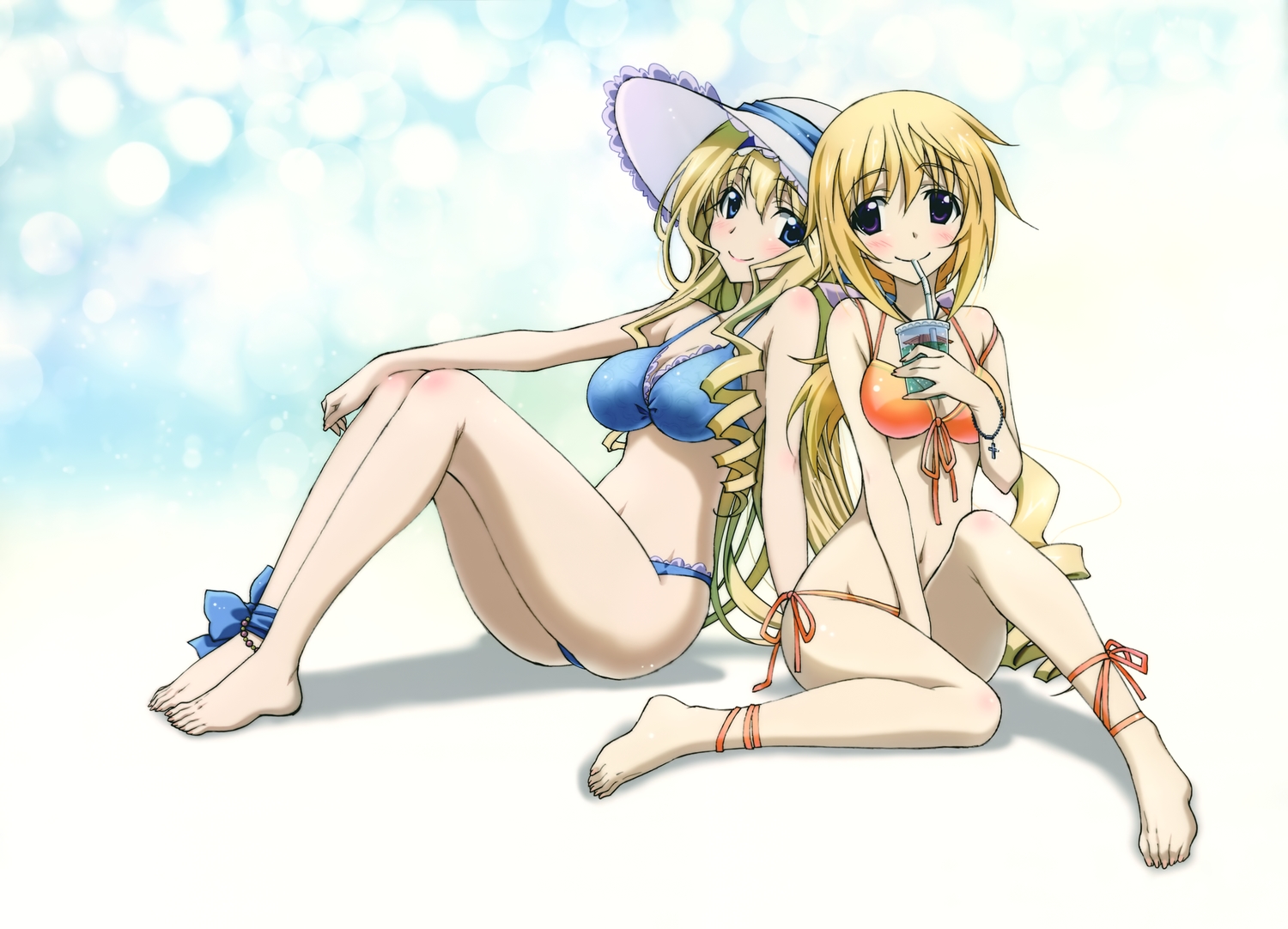2girls, bikini, blonde_hair, breasts, cecilia_alcott, charlotte_dunois, cleavage, drink