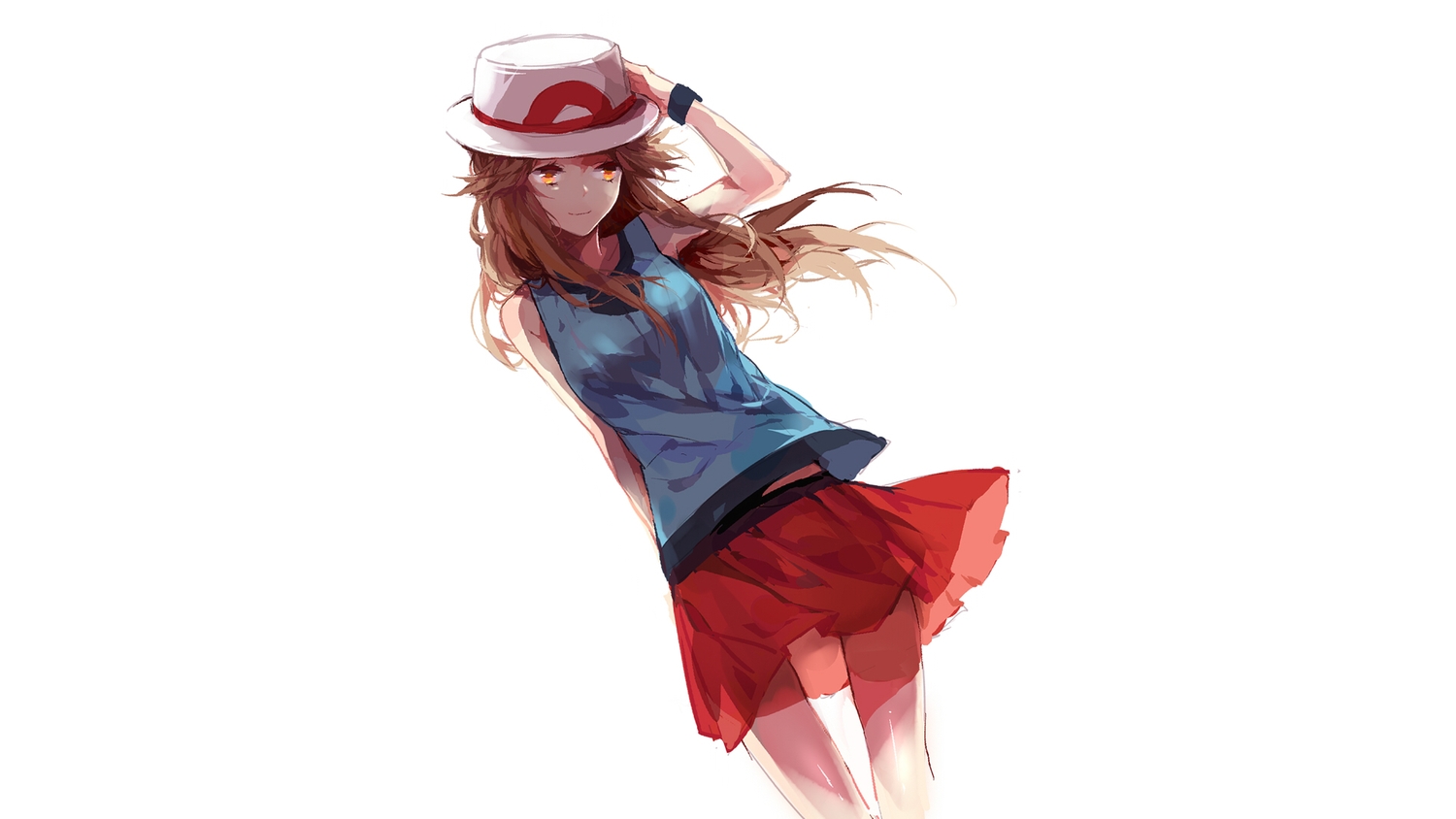 brown_hair, hat, imifumei, leaf_(pokemon), orange_eyes, pokemon, skirt, white