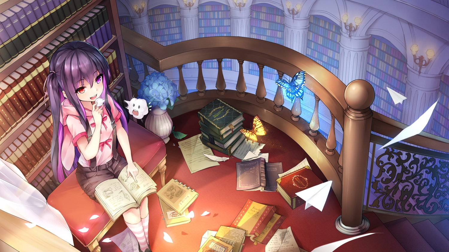 aircraft, bicolored_eyes, book, butterfly, flowers, kneehighs, long_hair, original, paper, purple_hair, shorts, stairs, twintails, yue_chi
