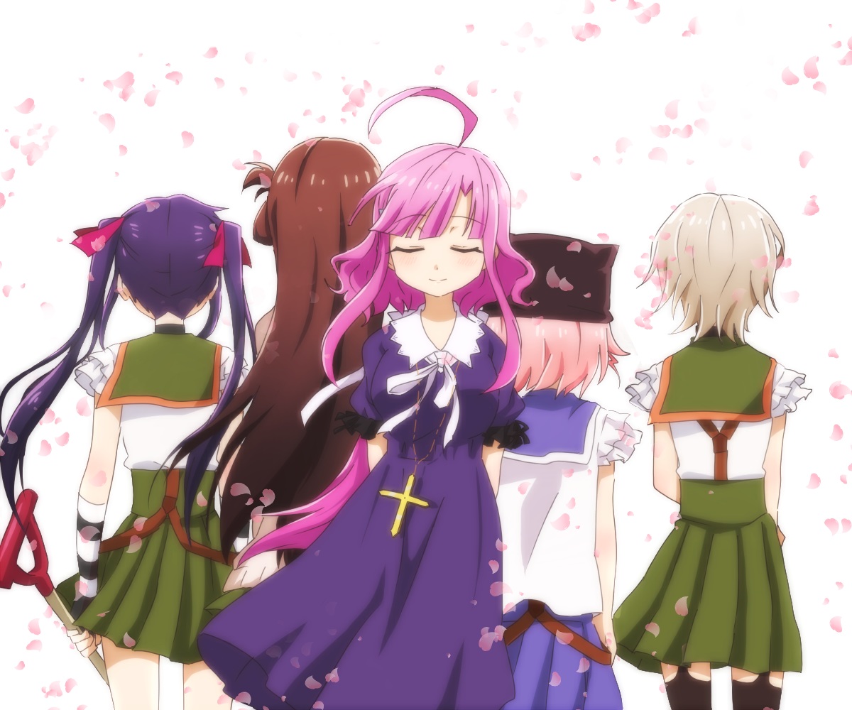 brown_hair, dress, ebisuzawa_kurumi, gakkou_gurashi!, gray_hair, group, hat, long_hair