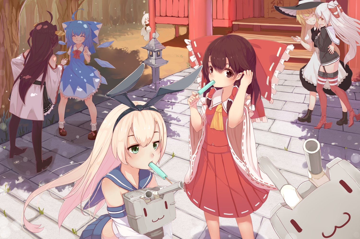 amatsukaze_(kancolle), anthropomorphism, bow, cirno, crossover, fairy, group, hakurei_reimu