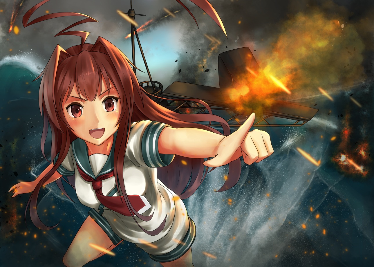 aircraft, anthropomorphism, brown_hair, fire, ginger_(syoga), kantai_collection, kuma_(kancolle), long_hair