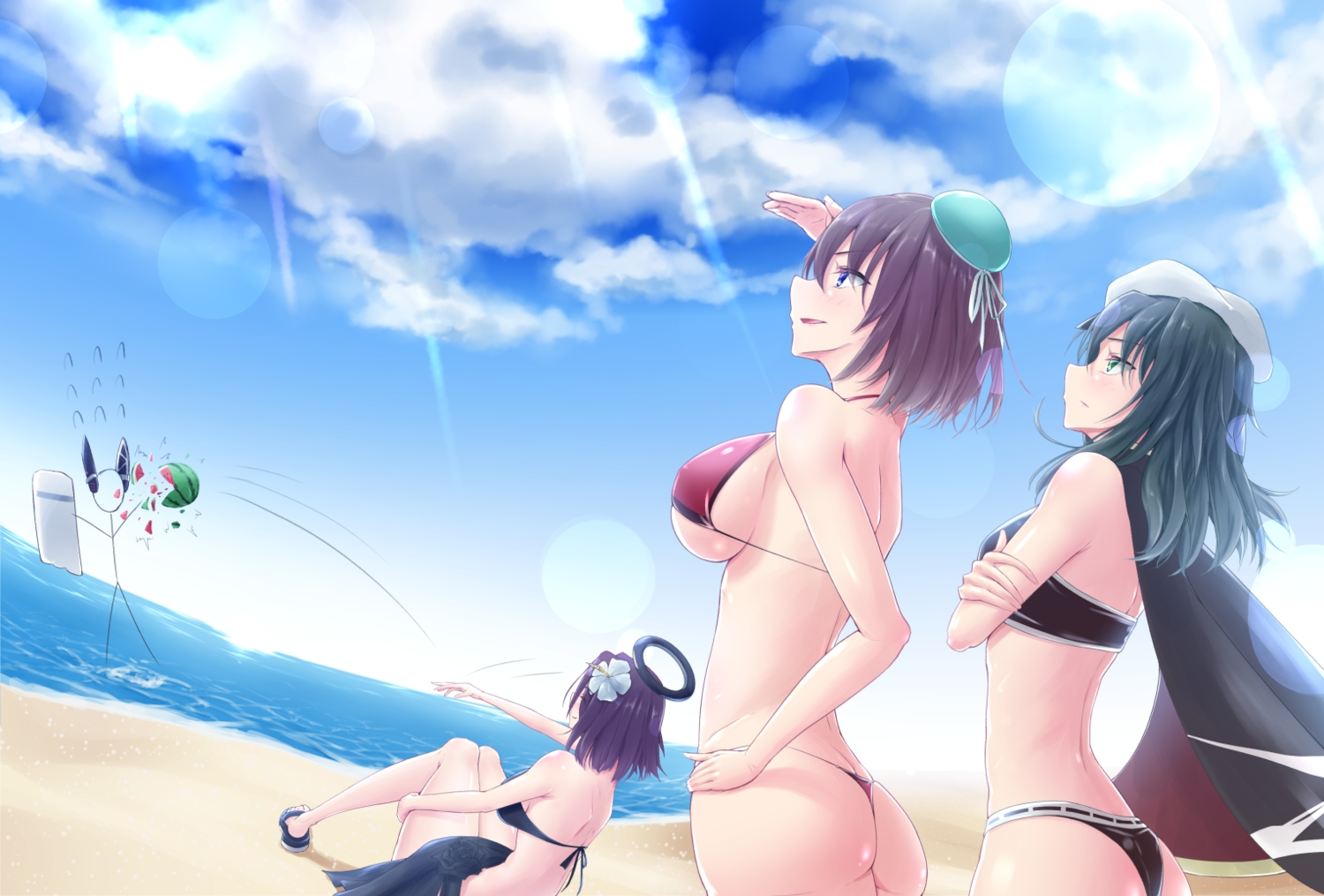 anthropomorphism, ass, beach, bikini, breasts, cape, clouds, food, fruit, group, halo, hat, kantai_collection, kiso_(kancolle), maya_(kancolle), shiroshisu, short_hair, swimsuit, tatsuta_(kancolle), tenryuu_(kancolle), underboob, water, watermelon