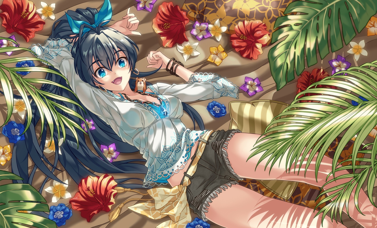 animal, aqua_eyes, black_hair, fang, flowers, ganaha_hibiki, hamuzou, idolmaster, leaves, matsusatoru_kouji, necklace, ponytail, shorts, wristwear
