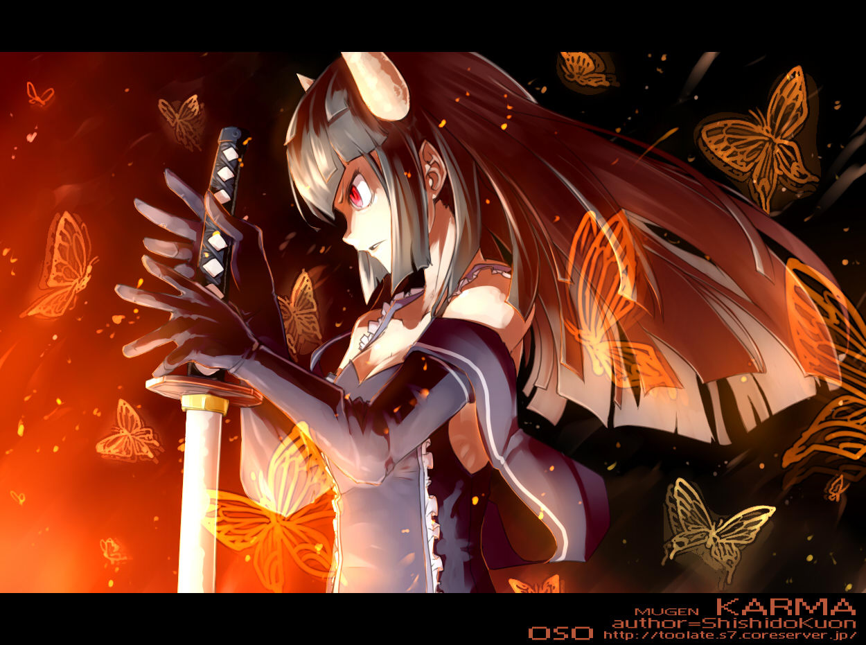 black_hair, butterfly, gloves, horns, katana, long_hair, m.u.g.e.n, original