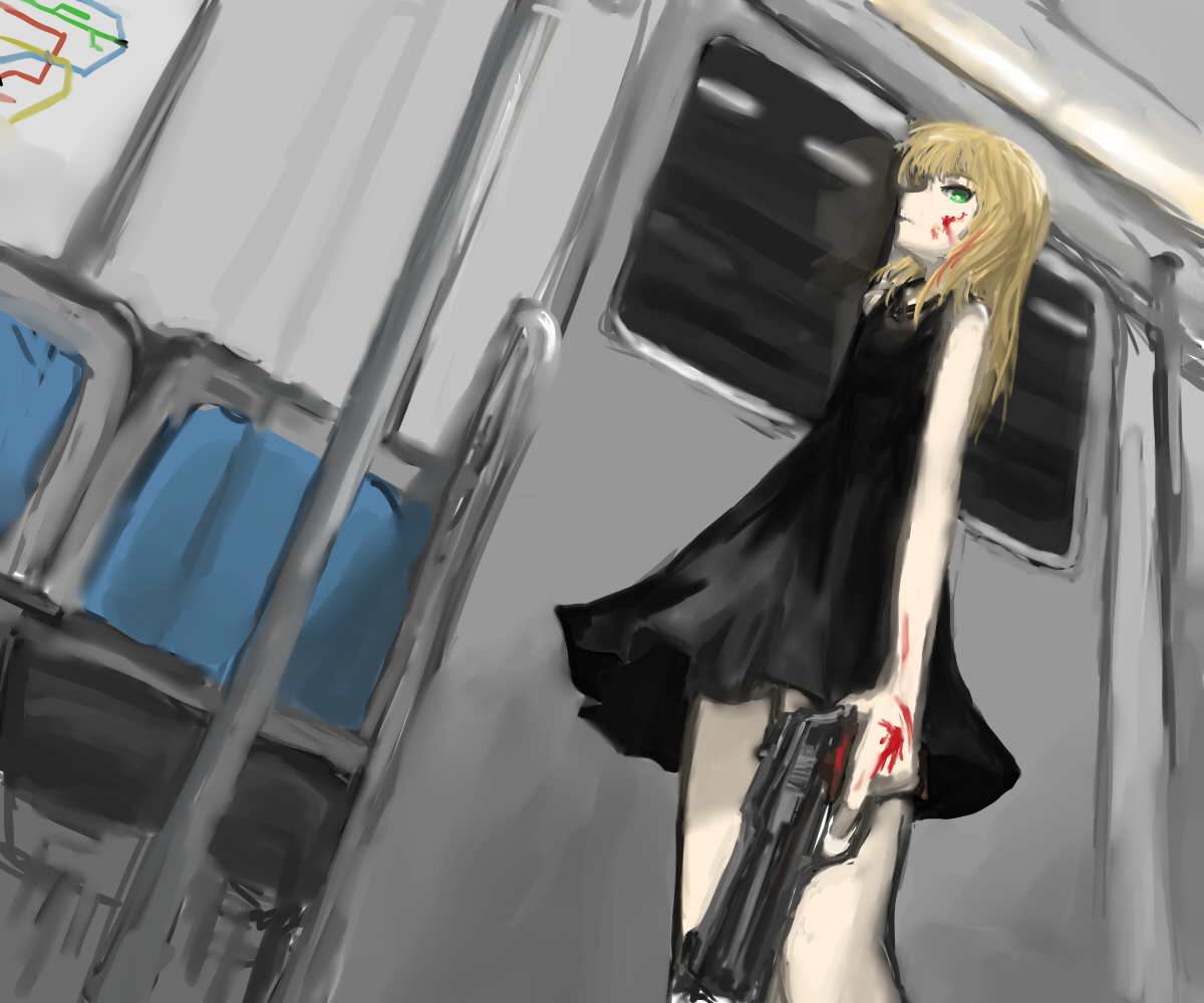 arceon, blonde_hair, blood, dress, green_eyes, gun, original, train
