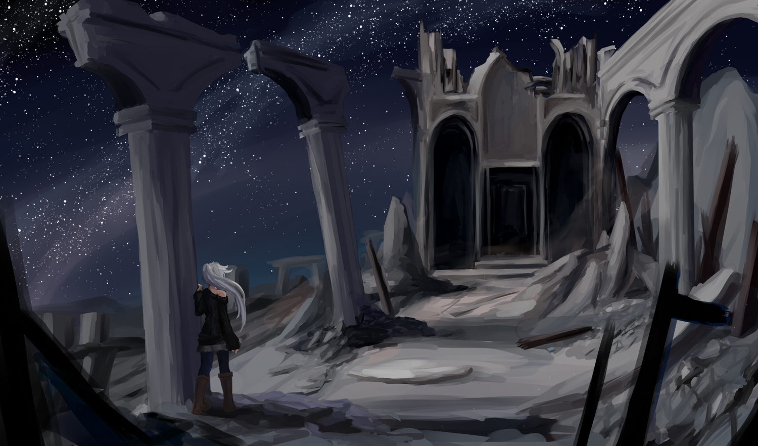 arceon, boots, gray_hair, night, original, pantyhose, ruins, sky