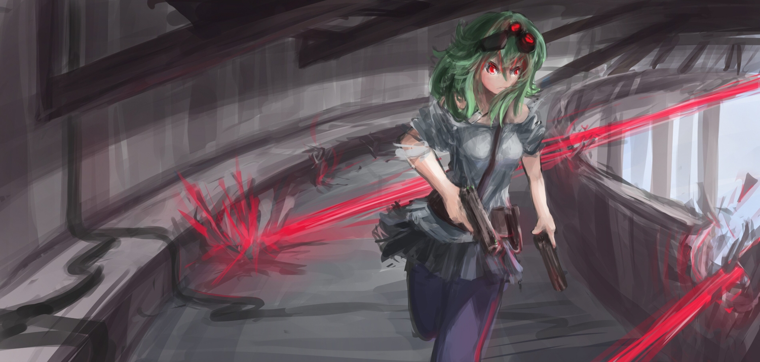 arceon, green_hair, gumi, gun, red_eyes, vocaloid, weapon