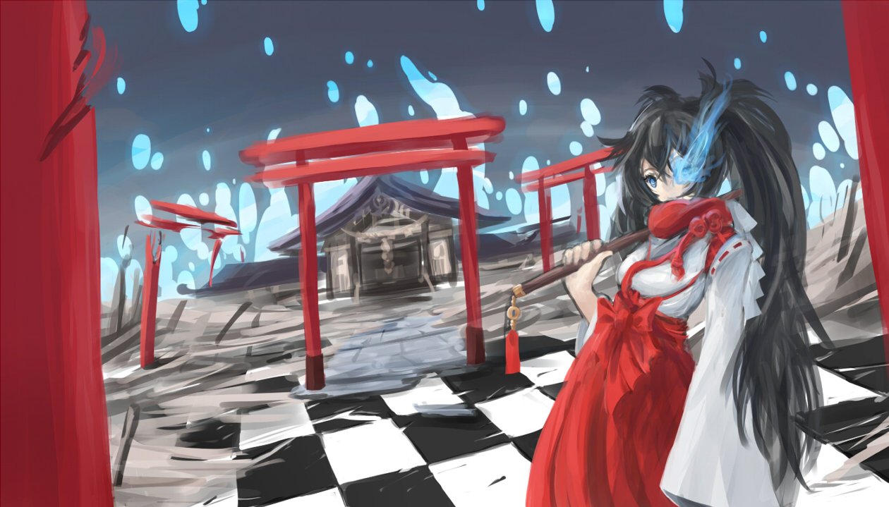 arceon, black_hair, black_rock_shooter, blue_eyes, japanese_clothes, kuroi_mato, long_hair, magic, miko, shrine, torii