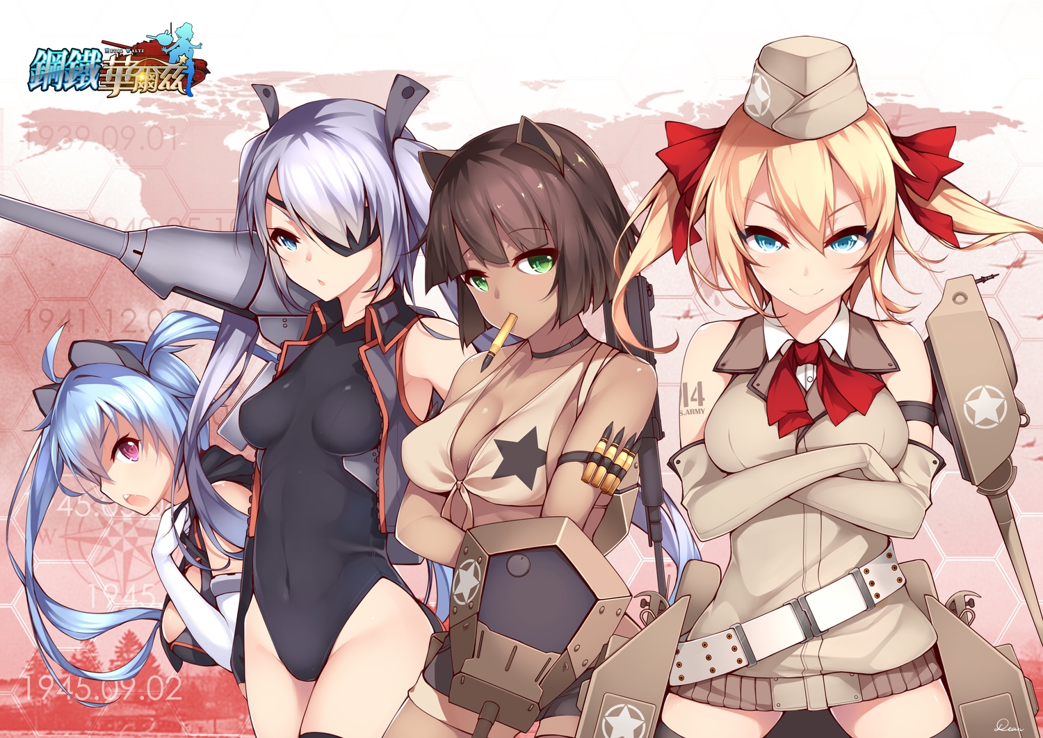aqua_eyes, bikini_top, blonde_hair, blue_eyes, blue_hair, breasts, brown_hair, cleavage