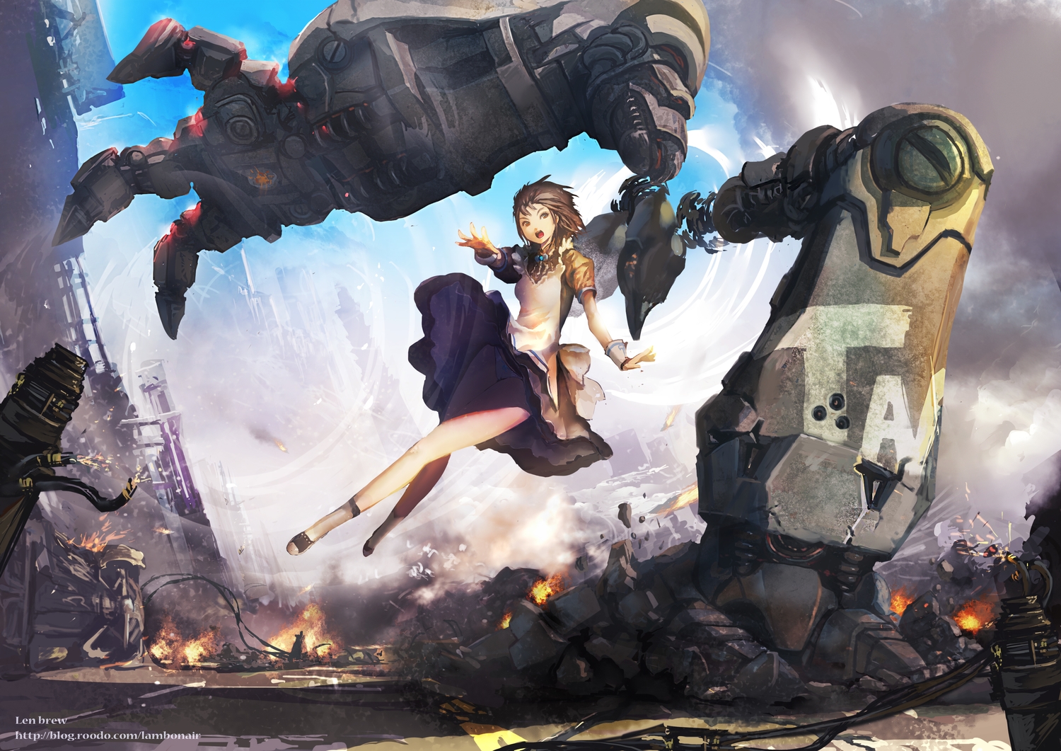 brown_eyes, brown_hair, fire, len_brew, mechagirl, necklace, original, panties