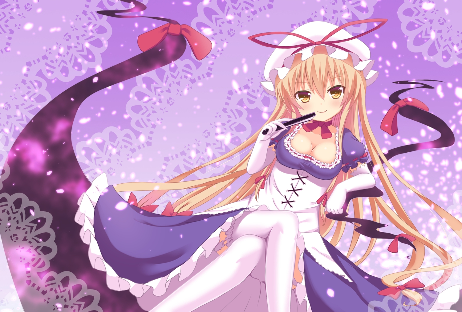 blonde_hair, breasts, cherry_blossoms, cleavage, dress, elbow_gloves, fan, flowers, gloves, hakuto_(28syuku), long_hair, orange_eyes, thighhighs, touhou, yakumo_yukari