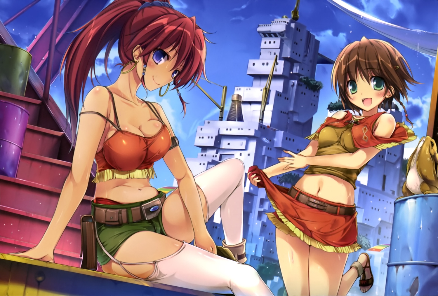 2girls, amy_(suisei_no_gargantia), animal, bellows_(suisei_no_gargantia), blue_eyes, braids, breasts, brown_hair