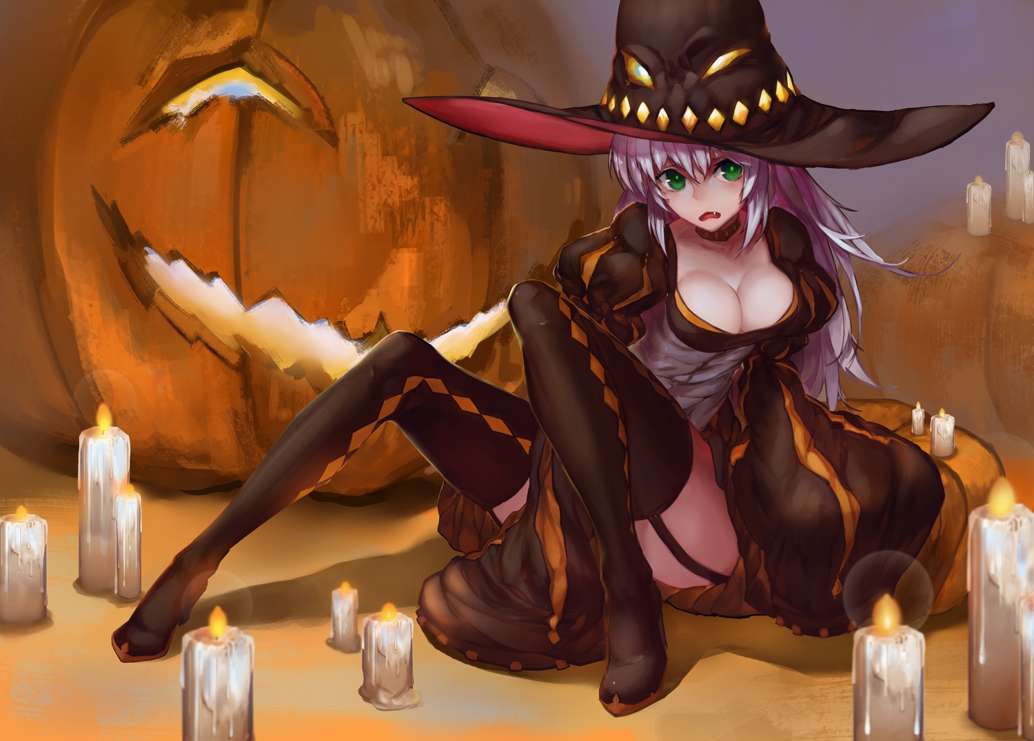 breasts, cleavage, dress, fang, green_eyes, halloween, hat, original, orokanahime, pumpkin, purple_hair, stockings, thighhighs, witch