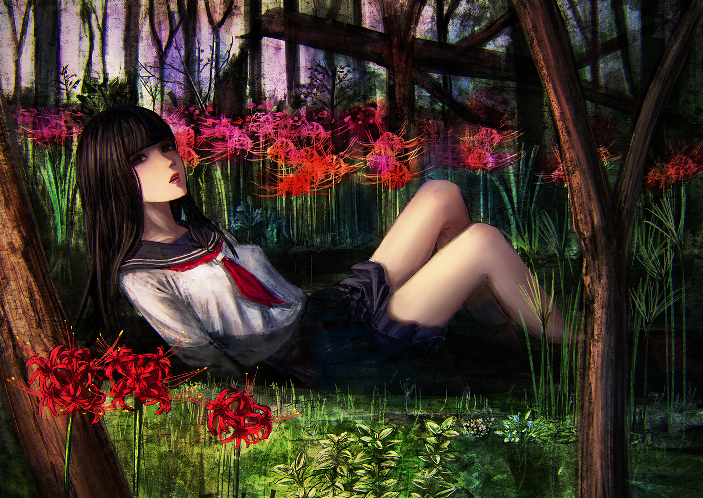 black_eyes, black_hair, flowers, grass, long_hair, menka, original, school_uniform, tree, water, wet