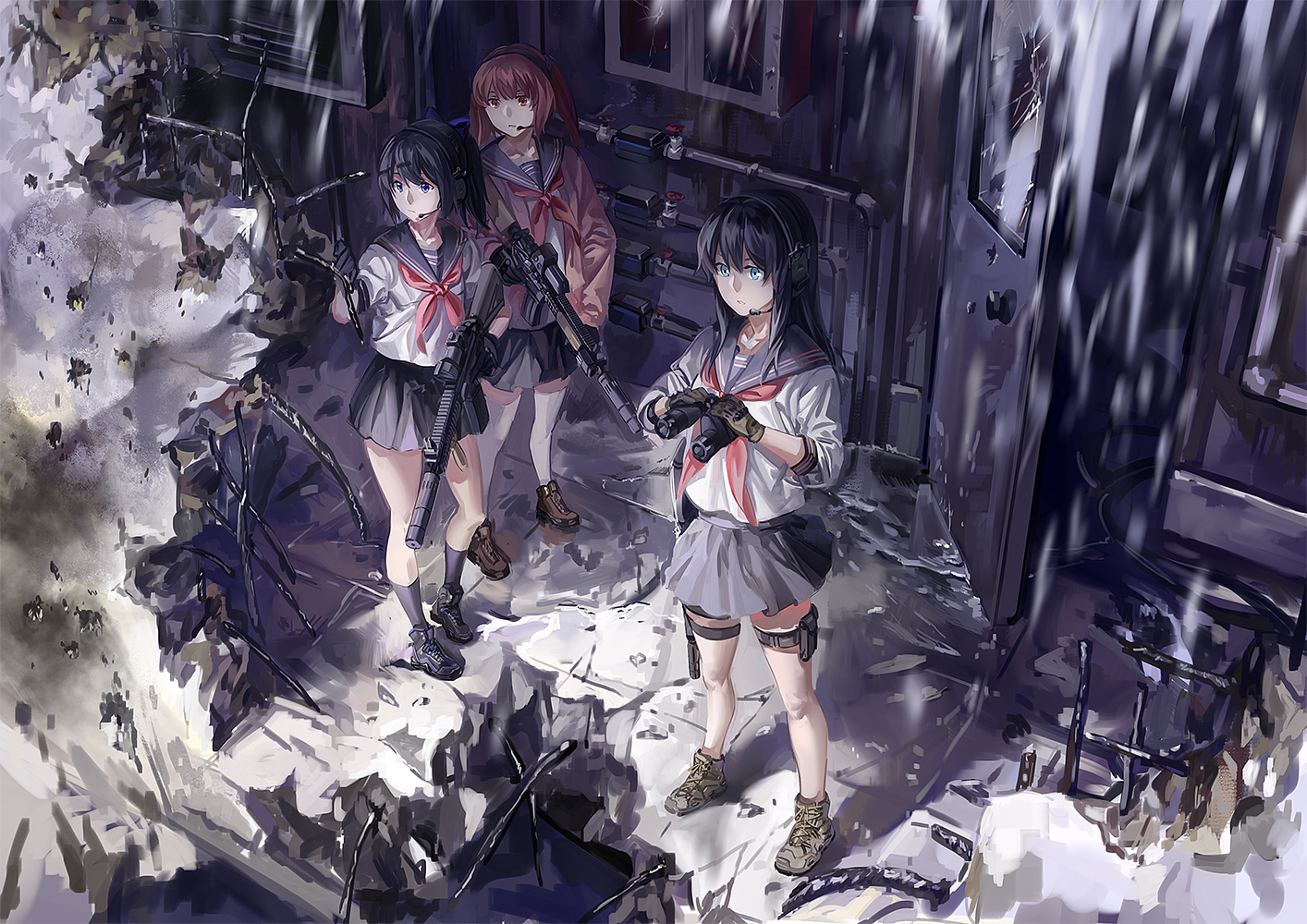 black_hair, gun, long_hair, original, red_hair, rff_(3_percent), ruins, school_uniform