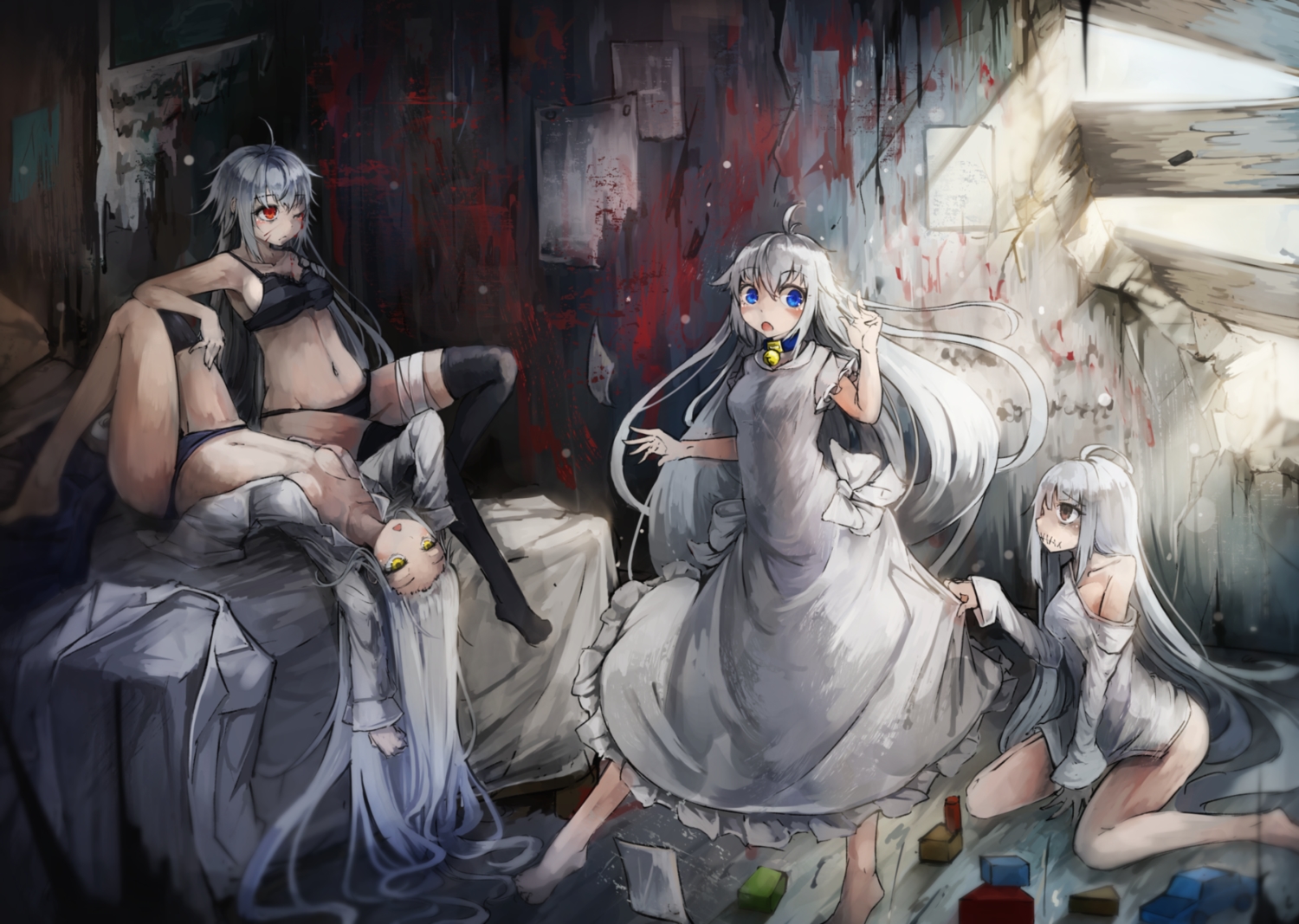 bandage, bed, blood, blue_eyes, group, kajaneko, long_hair, navel