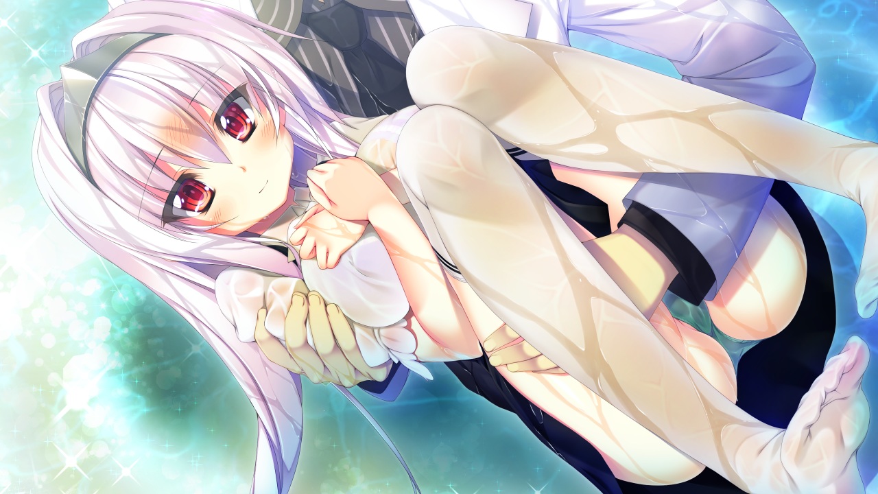 azarashi_soft, fione_(royal_garden), game_cg, kamitsurugi_ouka, long_hair, panties, red_eyes, royal_garden, skirt, thighhighs, underwear, wet, white_hair