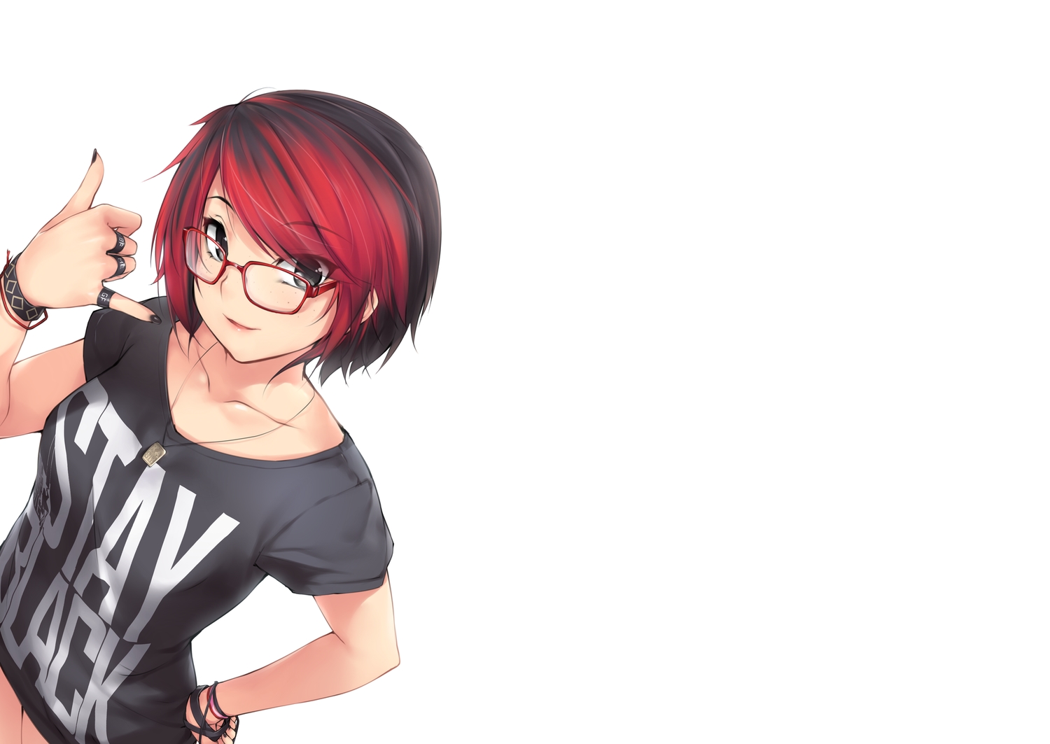 ashley_rosemarry, black_eyes, black_hair, glasses, kopianget, necklace, original, red_hair, short_hair, white, wristwear