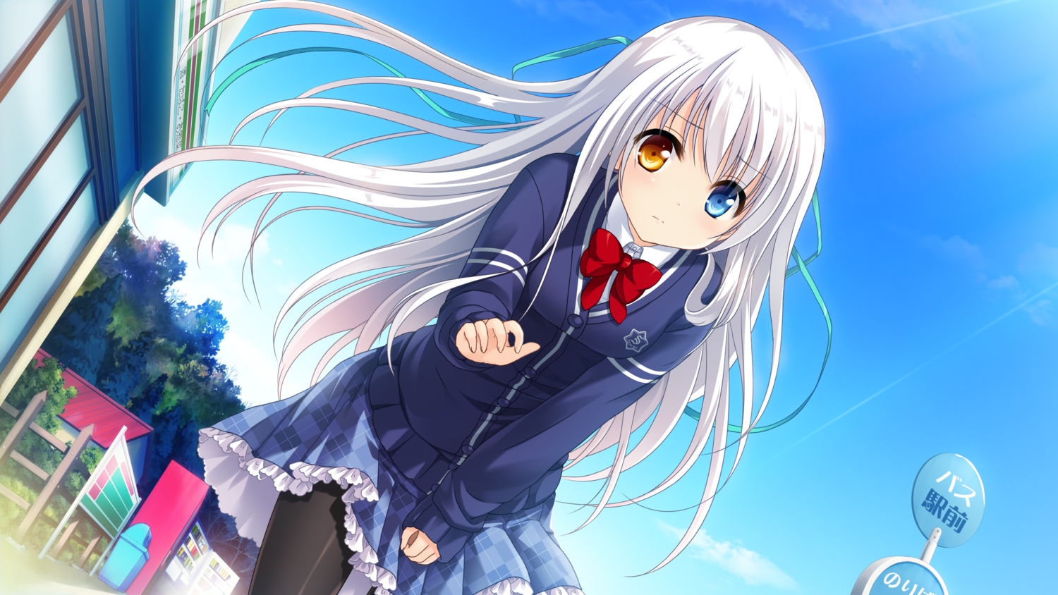 amanogawa_saya, bicolored_eyes, bow, building, game_cg, long_hair, miagete_goran_yozora_no_hoshi_wo, motoi_ayumu, pantyhose, pulltop, ribbons, school_uniform, skirt, sky, tree, white_hair