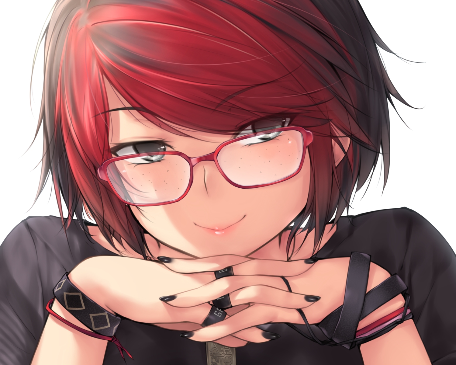 ashley_rosemarry, black_hair, close, cropped, glasses, gray_eyes, kopianget, original, red_hair, short_hair, wristwear