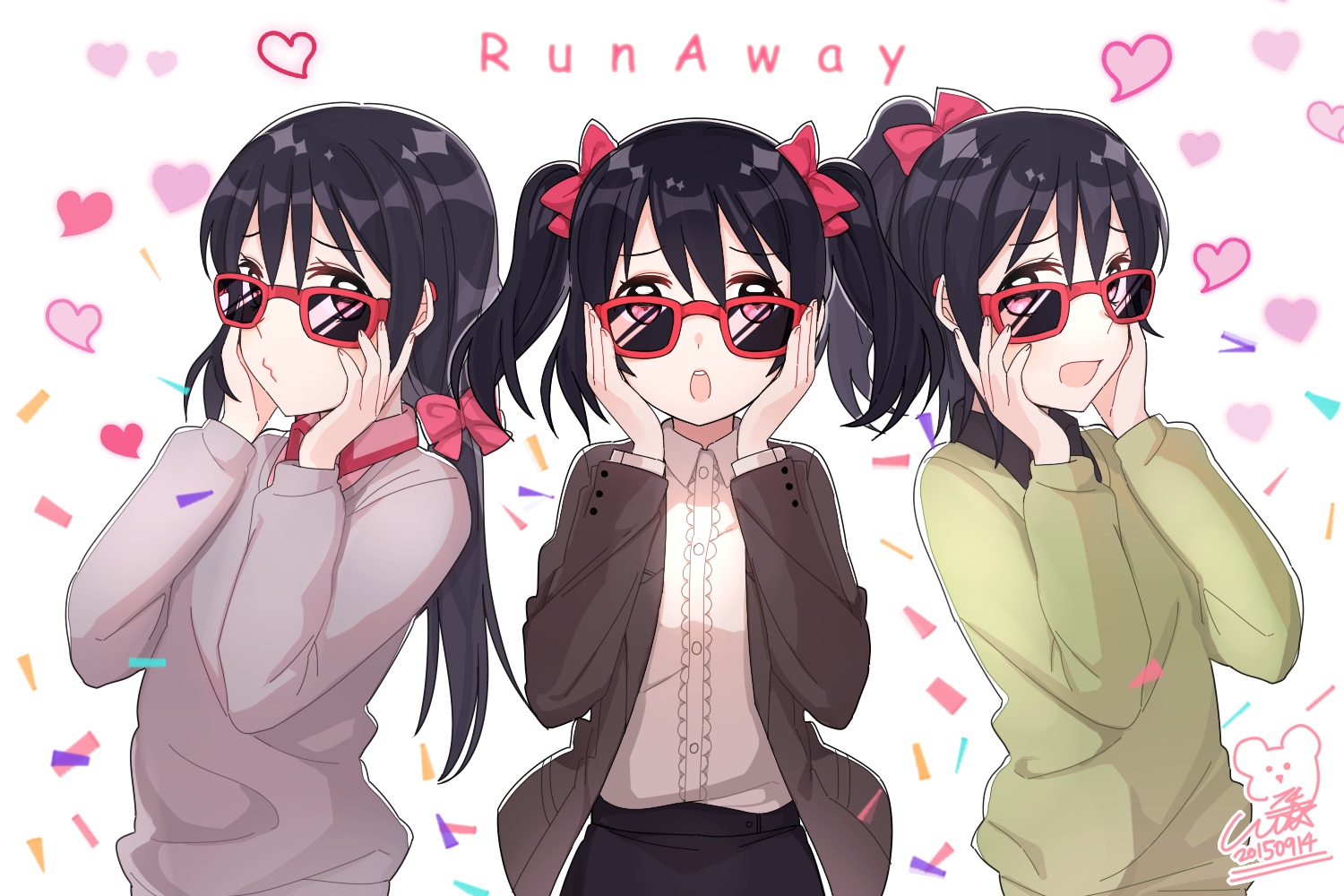 14_(vision5032), black_hair, bow, long_hair, love_live!_school_idol_project, ponytail, sunglasses, twintails