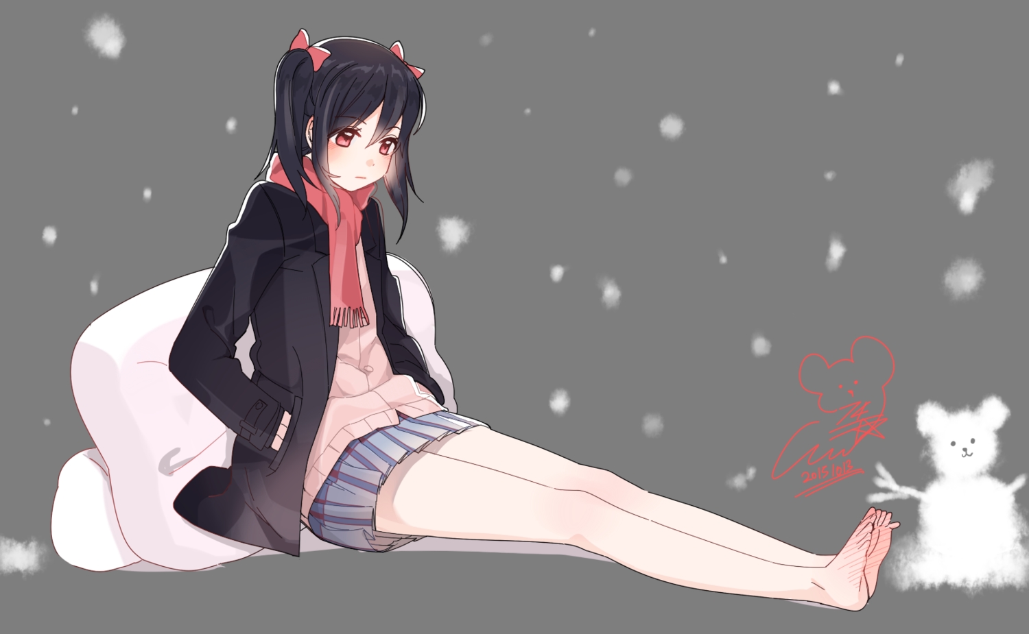 14_(vision5032), barefoot, black_hair, blush, bow, love_live!_school_idol_project, red_eyes, scarf, signed, skirt, snow, transparent, twintails, yazawa_nico