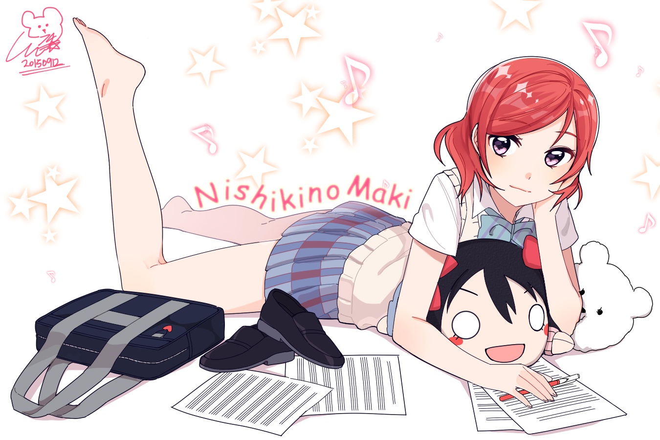 14_(vision5032), barefoot, love_live!_school_idol_project, nishikino_maki, paper, school_uniform, yazawa_nico