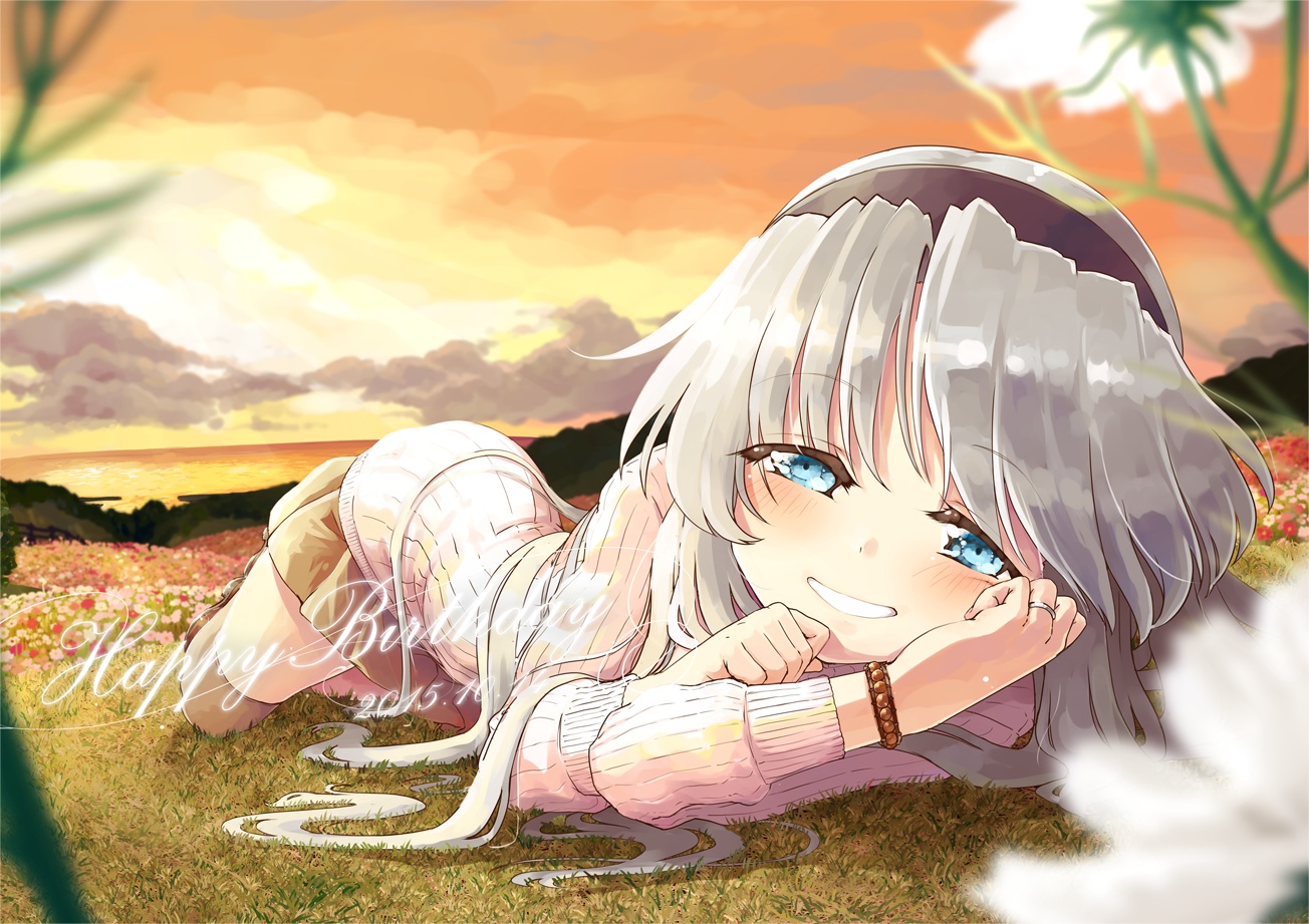 blue_eyes, clannad, clouds, flowers, grass, gray_hair, naka_akira, sakagami_tomoyo, skirt, sunset, thighhighs, water, wristwear, zettai_ryouiki