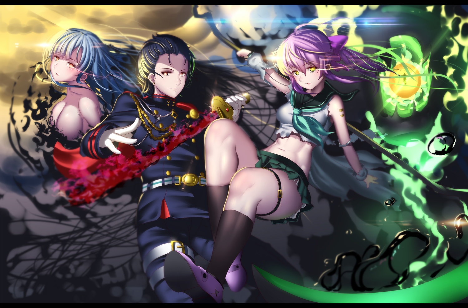 breasts, cleavage, garter, hiiragi_mahiru, hiiragi_shinoa, hk_(hk), ichinose_guren, male, military, owari_no_seraph, socks, sword, torn_clothes, uniform, weapon