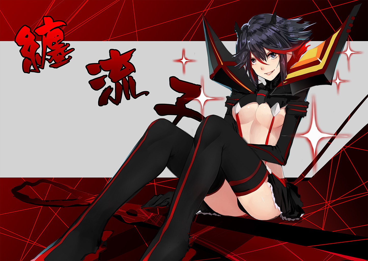 bba_biao, breasts, kill_la_kill, matoi_ryuuko, panties, short_hair, skirt, sword