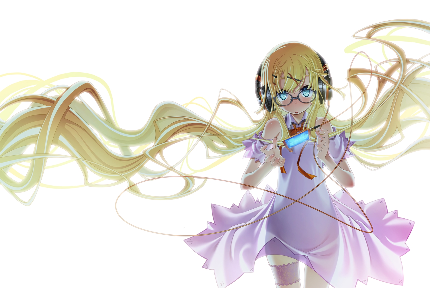 blonde_hair, blue_eyes, dress, glasses, headphones, long_hair, original, phone