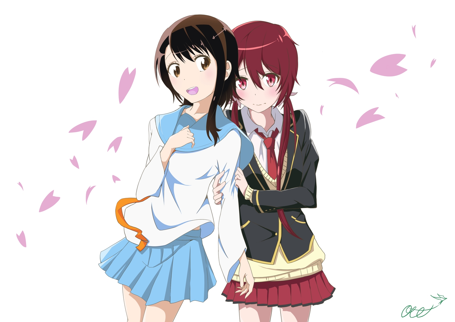 crossover, joukamachi_no_dandelion, nisekoi, onodera_kosaki, petals, sakurada_akane, school_uniform, tagme_(artist), white