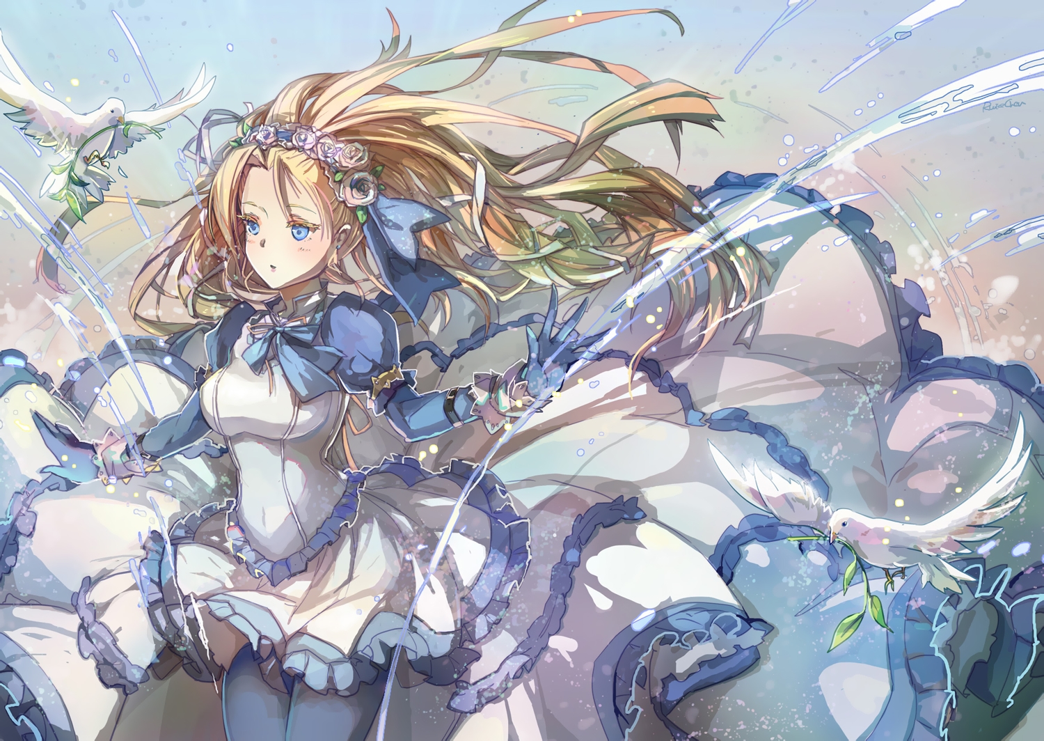 animal, bird, blonde_hair, blue_eyes, dress, mao_xiaozha_(rumiechen), noah_(p&d), pantyhose, puzzle_&_dragons