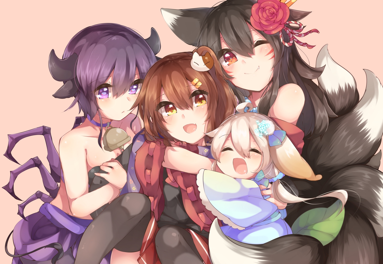 animal_ears, bell, black_hair, blonde_hair, brown_hair, choker, cropped, foxgirl, group, horns, kaenuco, long_hair, multiple_tails, orange_eyes, original, purple_eyes, purple_hair, short_hair, tail, thighhighs, wink